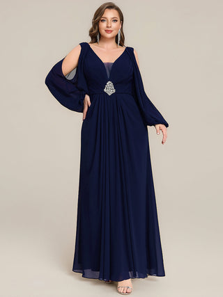 Long Sleeve Lantern Sleeve A-Line Floor Length V-Neck Wedding Guest Dresses