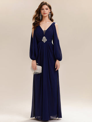 Long Sleeve Lantern Sleeve A-Line Floor Length V-Neck Wedding Guest Dresses