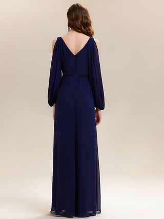 Long Sleeve Lantern Sleeve A-Line Floor Length V-Neck Wedding Guest Dresses