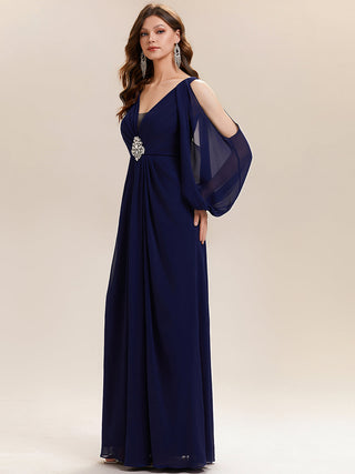 Long Sleeve Lantern Sleeve A-Line Floor Length V-Neck Wedding Guest Dresses