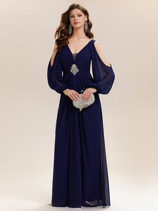 Long Sleeve Lantern Sleeve A-Line Floor Length V-Neck Wedding Guest Dresses