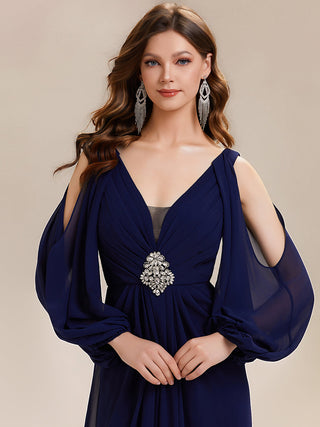 Long Sleeve Lantern Sleeve A-Line Floor Length V-Neck Wedding Guest Dresses