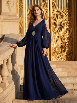 Long Sleeve Lantern Sleeve A-Line Floor Length V-Neck Wedding Guest Dresses
