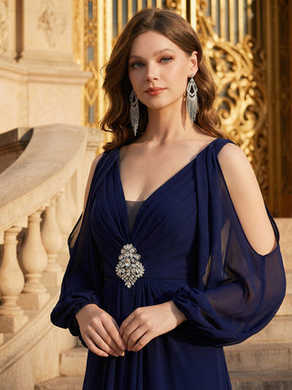 Long Sleeve Lantern Sleeve A-Line Floor Length V-Neck Wedding Guest Dresses