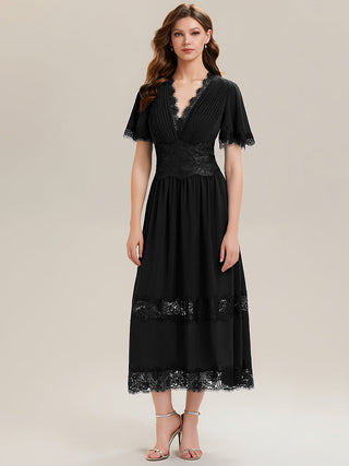 Short Sleeve Ruffle Pleated Deep V-Neck A-Line Midi Wedding Guest Dresses