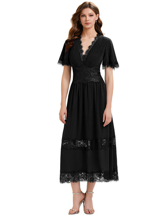 Short Sleeve Ruffle Pleated Deep V-Neck A-Line Midi Wedding Guest Dresses
