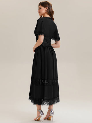 Short Sleeve Ruffle Pleated Deep V-Neck A-Line Midi Wedding Guest Dresses