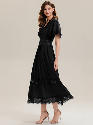 Short Sleeve Ruffle Pleated Deep V-Neck A-Line Midi Wedding Guest Dresses