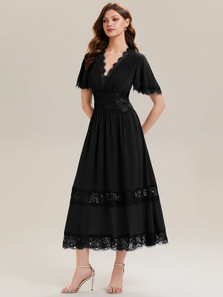 Short Sleeve Ruffle Pleated Deep V-Neck A-Line Midi Wedding Guest Dresses