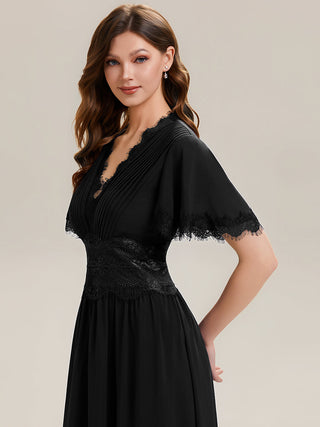Short Sleeve Ruffle Pleated Deep V-Neck A-Line Midi Wedding Guest Dresses