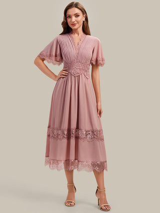Short Sleeve Ruffle Pleated Deep V-Neck A-Line Midi Wedding Guest Dresses