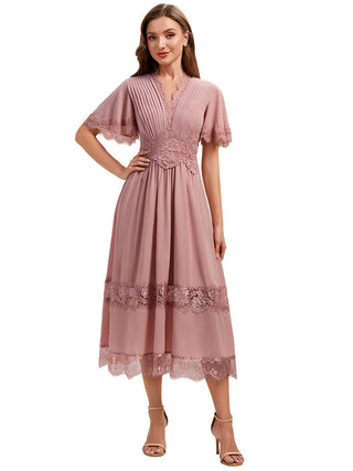Short Sleeve Ruffle Pleated Deep V-Neck A-Line Midi Wedding Guest Dresses