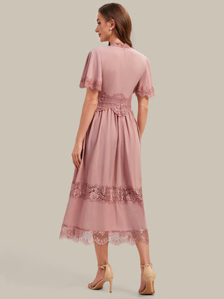 Short Sleeve Ruffle Pleated Deep V-Neck A-Line Midi Wedding Guest Dresses
