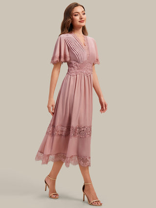 Short Sleeve Ruffle Pleated Deep V-Neck A-Line Midi Wedding Guest Dresses