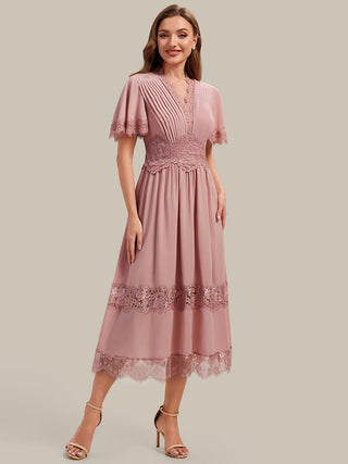 Short Sleeve Ruffle Pleated Deep V-Neck A-Line Midi Wedding Guest Dresses