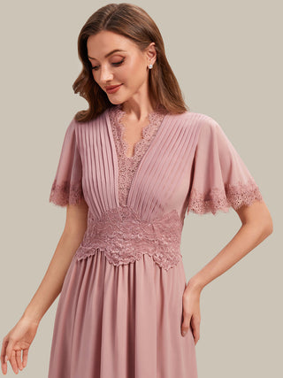 Short Sleeve Ruffle Pleated Deep V-Neck A-Line Midi Wedding Guest Dresses