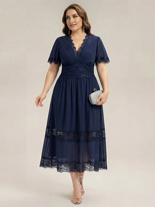 Short Sleeve Ruffle Pleated Deep V-Neck A-Line Midi Wedding Guest Dresses
