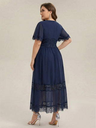 Short Sleeve Ruffle Pleated Deep V-Neck A-Line Midi Wedding Guest Dresses