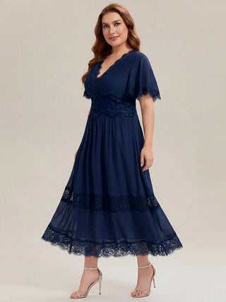 Short Sleeve Ruffle Pleated Deep V-Neck A-Line Midi Wedding Guest Dresses