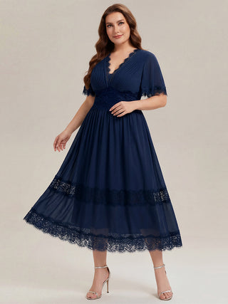 Short Sleeve Ruffle Pleated Deep V-Neck A-Line Midi Wedding Guest Dresses