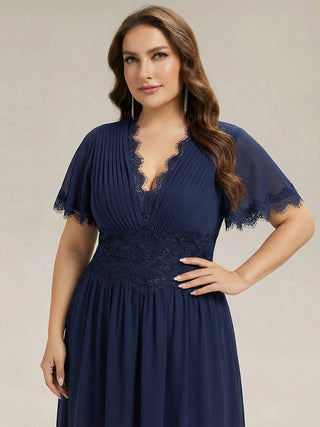 Short Sleeve Ruffle Pleated Deep V-Neck A-Line Midi Wedding Guest Dresses