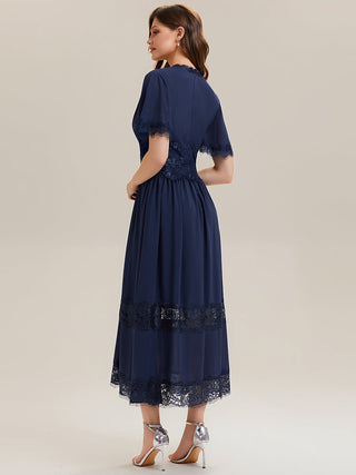 Short Sleeve Ruffle Pleated Deep V-Neck A-Line Midi Wedding Guest Dresses