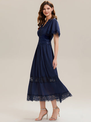 Short Sleeve Ruffle Pleated Deep V-Neck A-Line Midi Wedding Guest Dresses