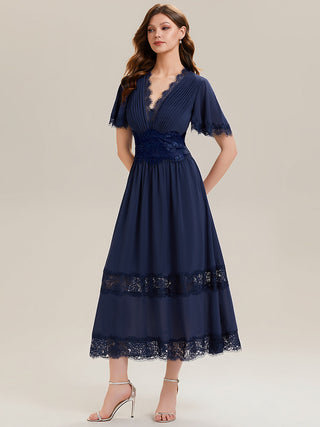 Short Sleeve Ruffle Pleated Deep V-Neck A-Line Midi Wedding Guest Dresses