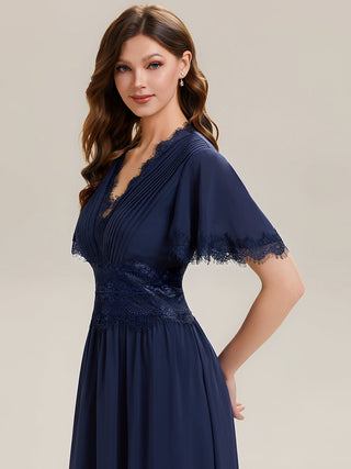 Short Sleeve Ruffle Pleated Deep V-Neck A-Line Midi Wedding Guest Dresses