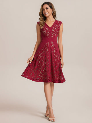 Strapless Deep V-Neck Contrast Color A-Line Midi Wedding Guest Dresses
