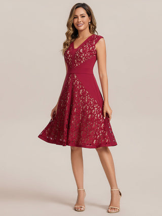 Strapless Deep V-Neck Contrast Color A-Line Midi Wedding Guest Dresses