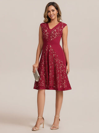 Strapless Deep V-Neck Contrast Color A-Line Midi Wedding Guest Dresses