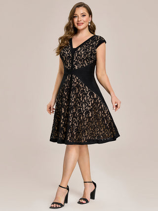 Strapless Deep V-Neck Contrast Color A-Line Midi Wedding Guest Dresses