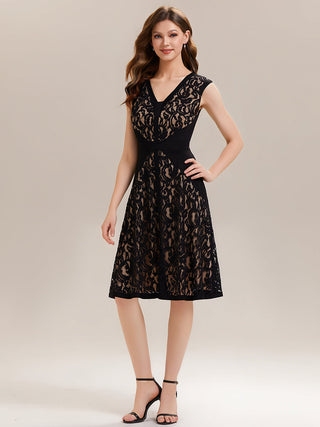 Strapless Deep V-Neck Contrast Color A-Line Midi Wedding Guest Dresses