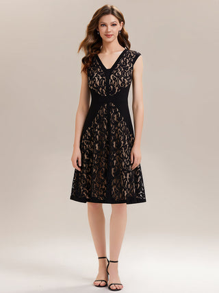 Strapless Deep V-Neck Contrast Color A-Line Midi Wedding Guest Dresses