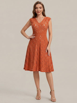 Strapless Deep V-Neck Contrast Color A-Line Midi Wedding Guest Dresses