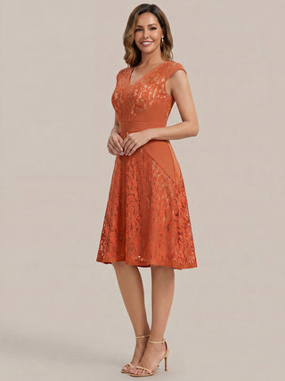 Strapless Deep V-Neck Contrast Color A-Line Midi Wedding Guest Dresses