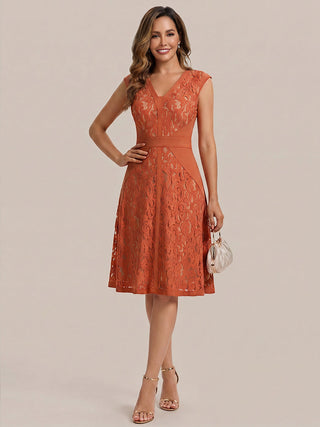 Strapless Deep V-Neck Contrast Color A-Line Midi Wedding Guest Dresses