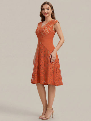 Strapless Deep V-Neck Contrast Color A-Line Midi Wedding Guest Dresses