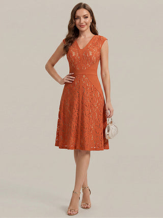 Strapless Deep V-Neck Contrast Color A-Line Midi Wedding Guest Dresses