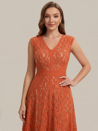 Strapless Deep V-Neck Contrast Color A-Line Midi Wedding Guest Dresses