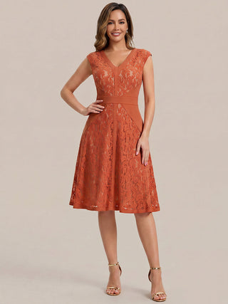 Strapless Deep V-Neck Contrast Color A-Line Midi Wedding Guest Dresses