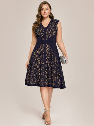 Strapless Deep V-Neck Contrast Color A-Line Midi Wedding Guest Dresses