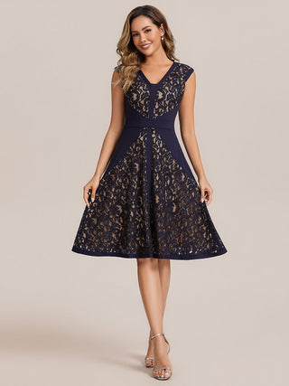 Strapless Deep V-Neck Contrast Color A-Line Midi Wedding Guest Dresses