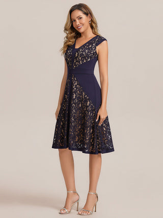 Strapless Deep V-Neck Contrast Color A-Line Midi Wedding Guest Dresses
