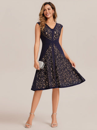 Strapless Deep V-Neck Contrast Color A-Line Midi Wedding Guest Dresses