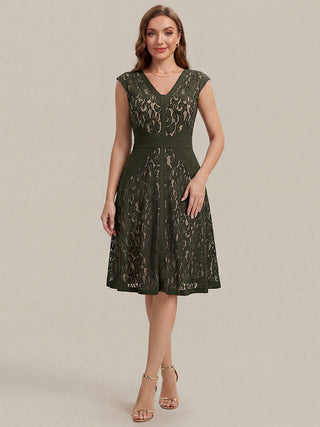 Strapless Deep V-Neck Contrast Color A-Line Midi Wedding Guest Dresses