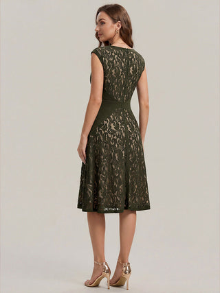 Strapless Deep V-Neck Contrast Color A-Line Midi Wedding Guest Dresses