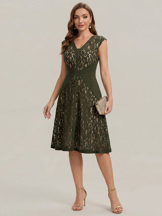 Strapless Deep V-Neck Contrast Color A-Line Midi Wedding Guest Dresses