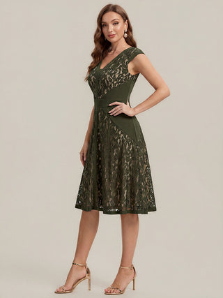 Strapless Deep V-Neck Contrast Color A-Line Midi Wedding Guest Dresses